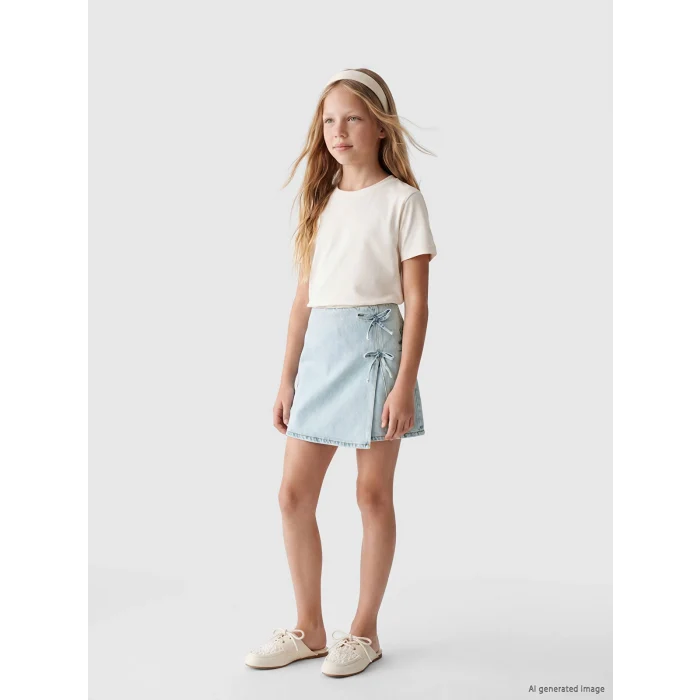 LCW Kids Mavi Fiyonk Detaylı Kız Çocuk Jean Şort Etek