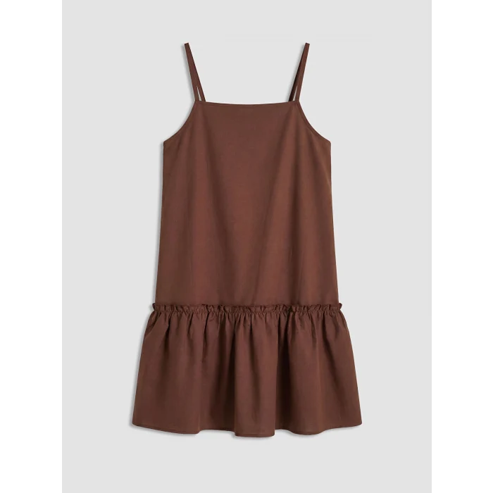 LCW Kids Kahverengi Fırfırlı Kare Yaka Kız Çocuk Poplin Elbise