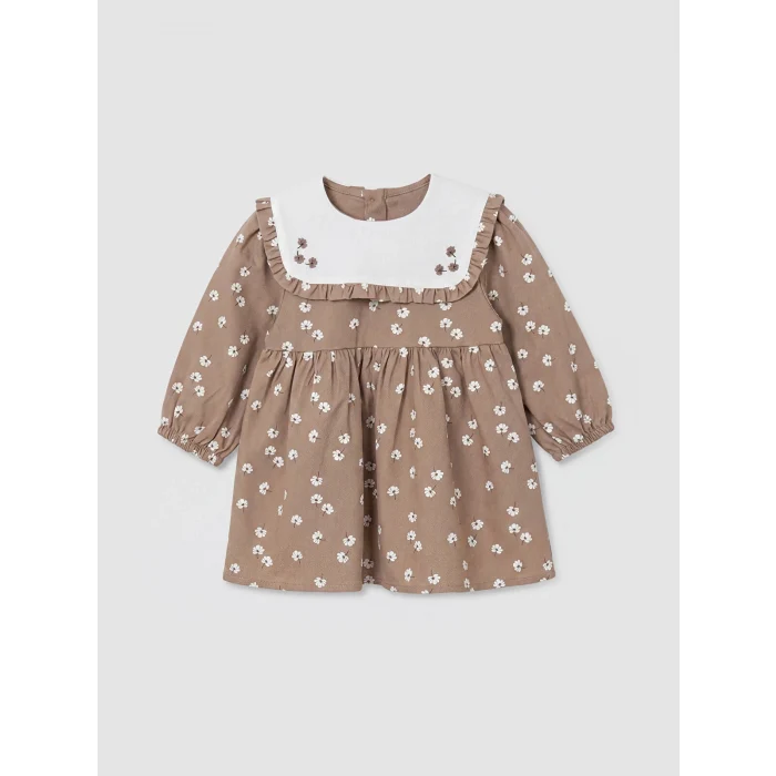 LCW baby Kahverengi Bebe Yaka Çiçekli Kız Bebek Gabardin Elbise