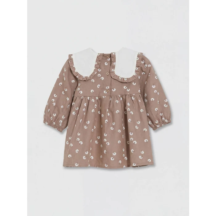 LCW baby Kahverengi Bebe Yaka Çiçekli Kız Bebek Gabardin Elbise