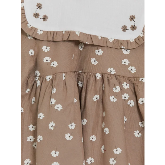 LCW baby Kahverengi Bebe Yaka Çiçekli Kız Bebek Gabardin Elbise