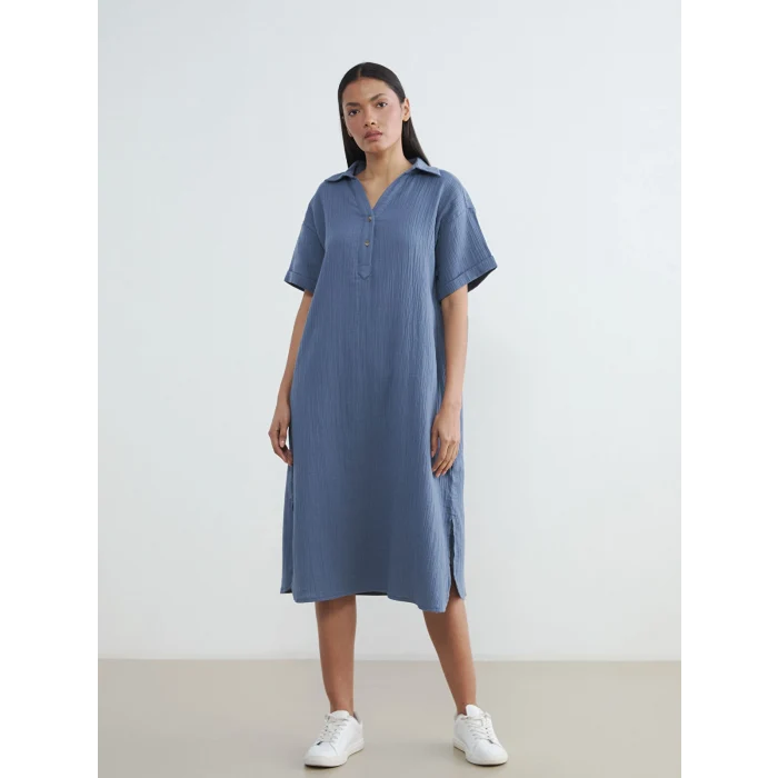 LCW EVERYDAY Mavi Gömlek Yaka Dokulu Oversize Müslin Elbise