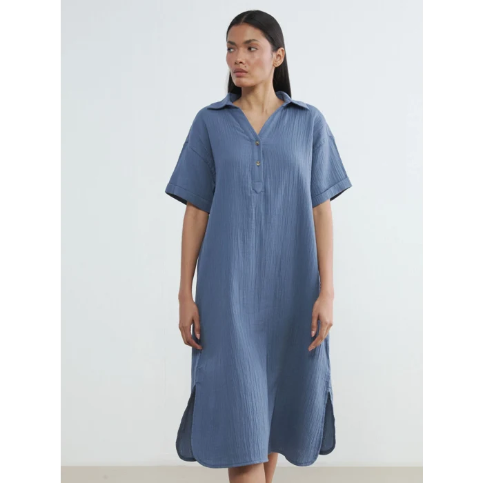 LCW EVERYDAY Mavi Gömlek Yaka Dokulu Oversize Müslin Elbise