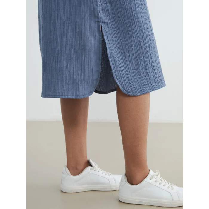 LCW EVERYDAY Mavi Gömlek Yaka Dokulu Oversize Müslin Elbise