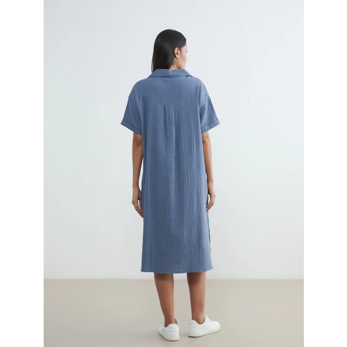 LCW EVERYDAY Mavi Gömlek Yaka Dokulu Oversize Müslin Elbise