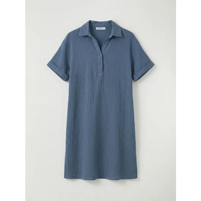 LCW EVERYDAY Mavi Gömlek Yaka Dokulu Oversize Müslin Elbise