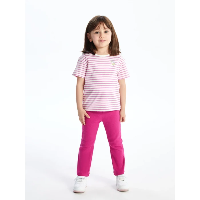 LCW Kids Lila Bisiklet Yaka Kısa Kollu Çizgili Kız Bebek Tişört