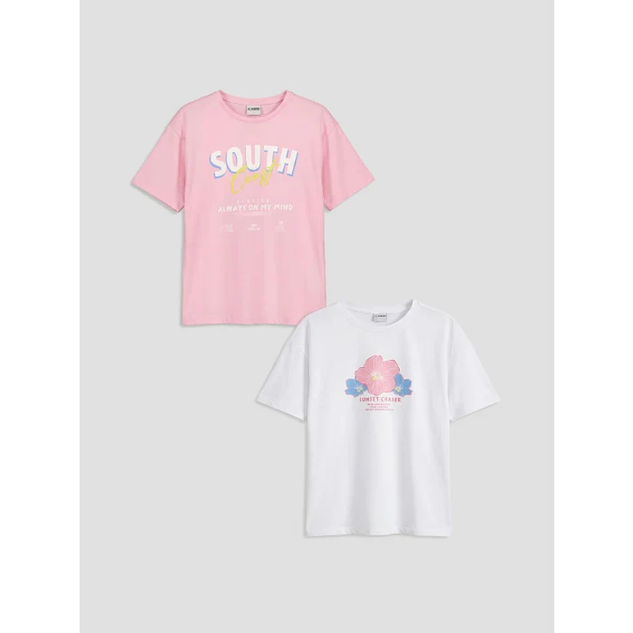 LCW Kids Pembe Bisiklet Yaka Baskılı Kız Çocuk Tişört 2li