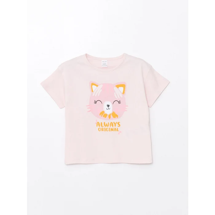 LCW Kids Pembe Bisiklet Yaka Baskılı Kısa Kollu Kız Bebek Tişört