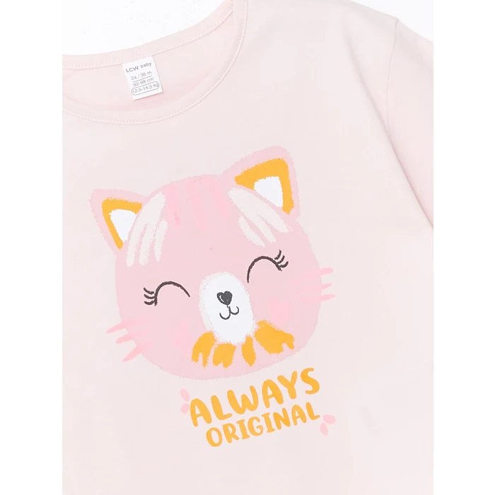 LCW Kids Pembe Bisiklet Yaka Baskılı Kısa Kollu Kız Bebek Tişört