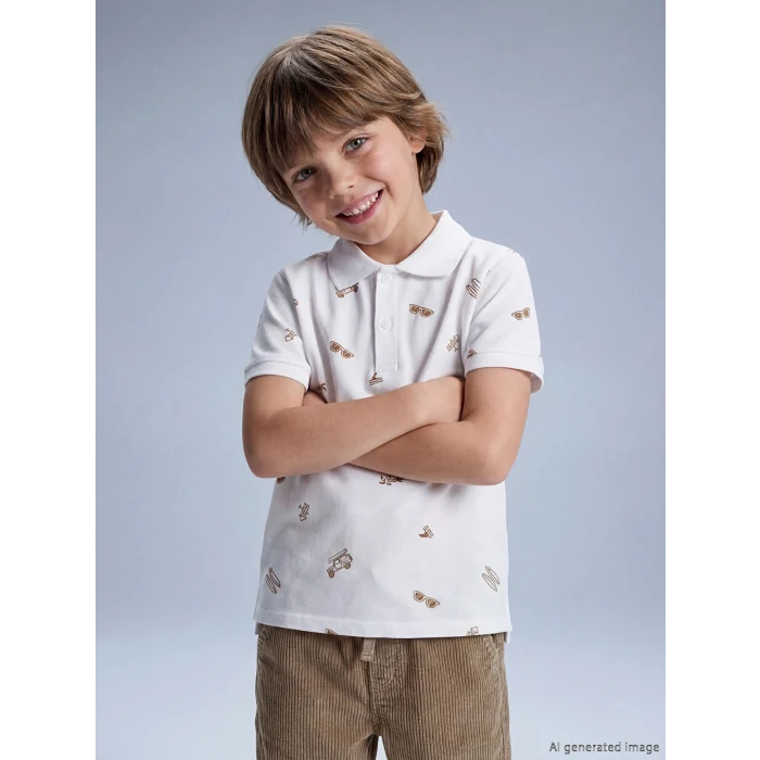LCW Kids Beyaz Polo Yaka Baskılı Erkek Çocuk Tişört