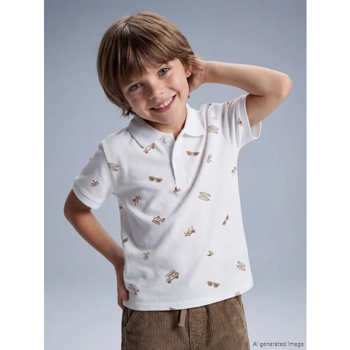 LCW Kids Beyaz Polo Yaka Baskılı Erkek Çocuk Tişört