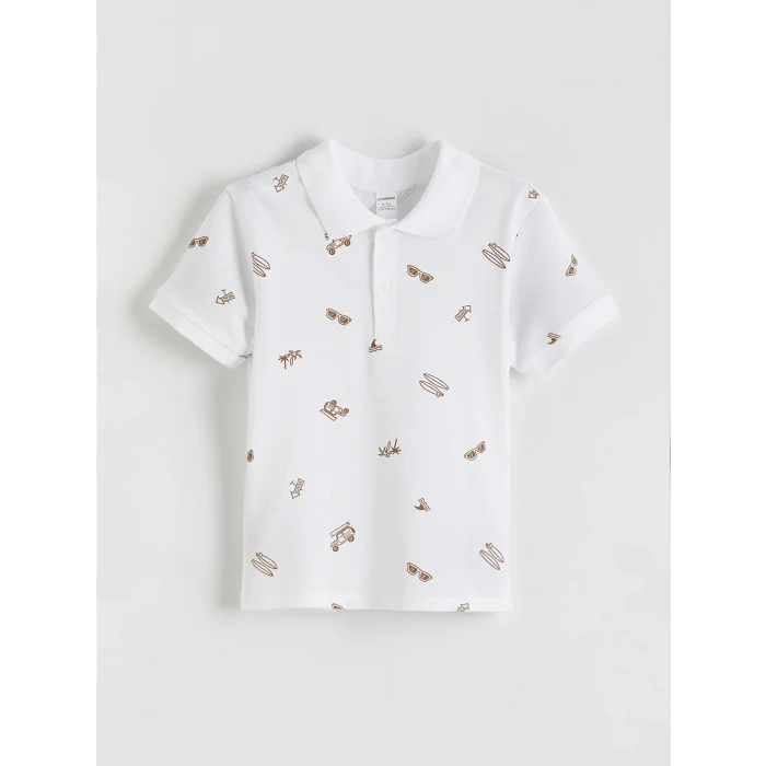 LCW Kids Beyaz Polo Yaka Baskılı Erkek Çocuk Tişört