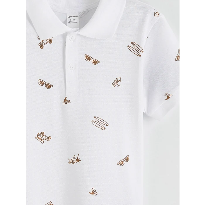 LCW Kids Beyaz Polo Yaka Baskılı Erkek Çocuk Tişört