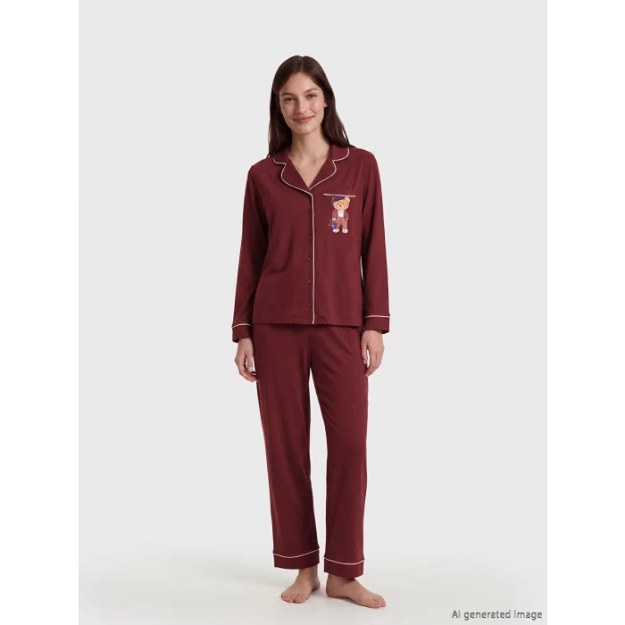 LCW DREAM Bordo Gömlek Yaka Baskılı Kadın Pijama Takımı
