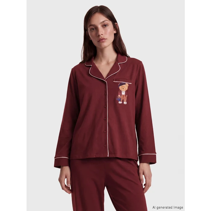 LCW DREAM Bordo Gömlek Yaka Baskılı Kadın Pijama Takımı