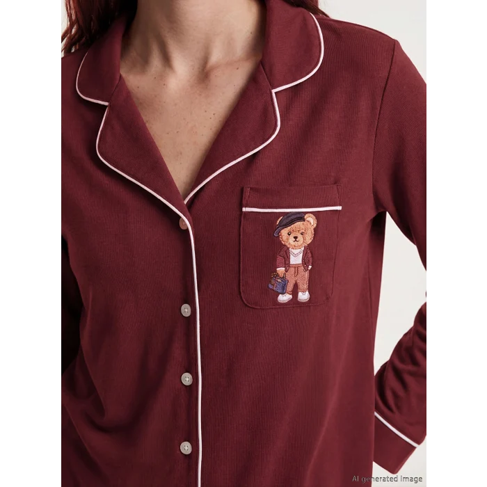 LCW DREAM Bordo Gömlek Yaka Baskılı Kadın Pijama Takımı