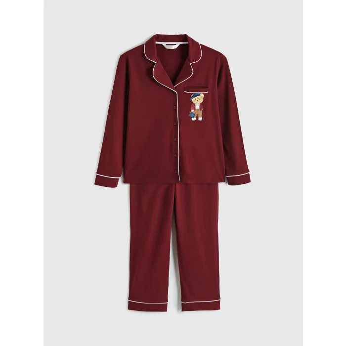 LCW DREAM Bordo Gömlek Yaka Baskılı Kadın Pijama Takımı