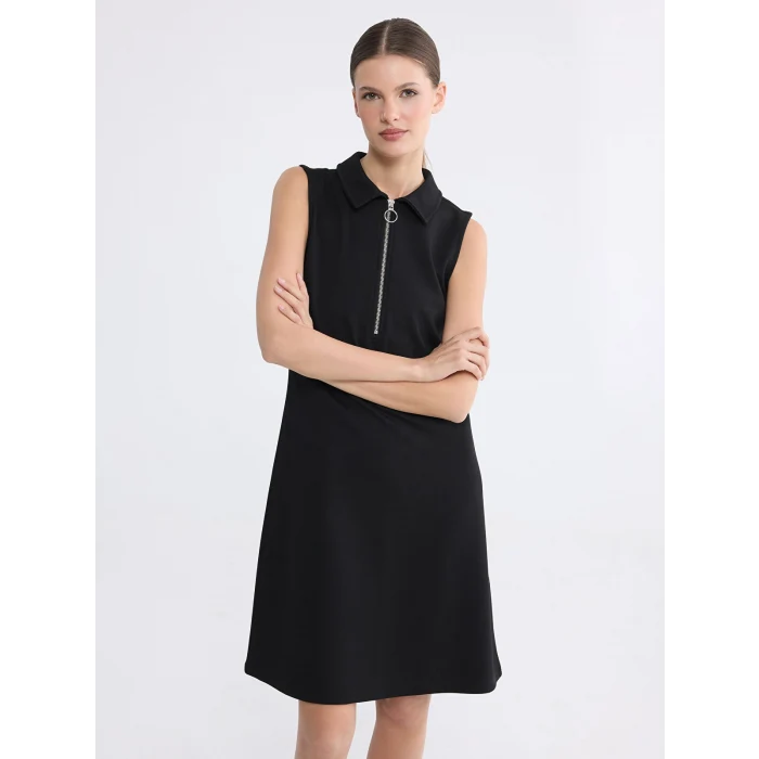 LCW EVERYDAY Siyah Polo Yaka Pike Mini Elbise