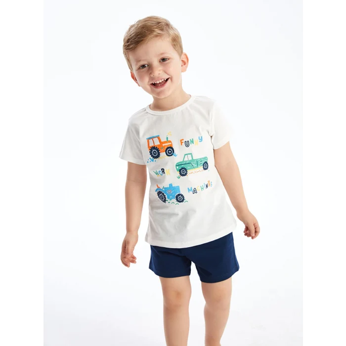 LCW baby Beyaz Bisiklet Yaka Kısa Kollu Baskılı Erkek Bebek Şortlu Pijama Takımı