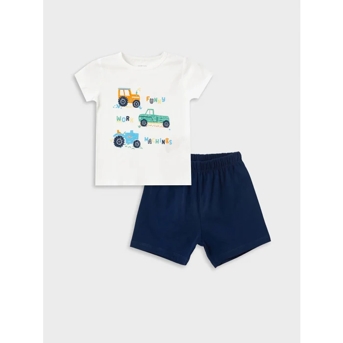 LCW baby Beyaz Bisiklet Yaka Kısa Kollu Baskılı Erkek Bebek Şortlu Pijama Takımı
