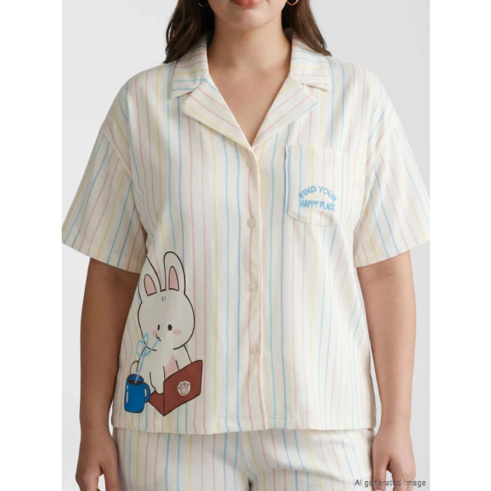 LCW Young Ekru Gömlek Yaka Çizgili Kadın Pijama Takımı