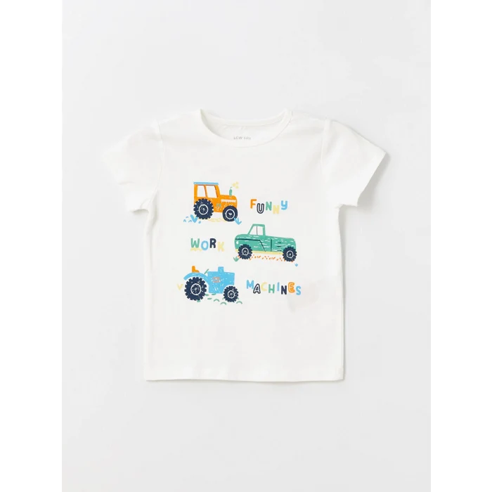 LCW baby Beyaz Bisiklet Yaka Kısa Kollu Baskılı Erkek Bebek Şortlu Pijama Takımı