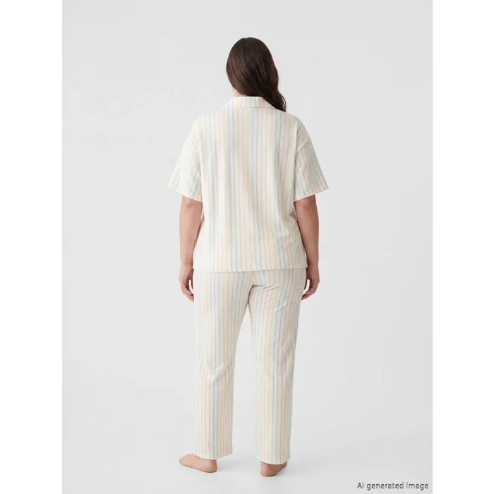LCW Young Ekru Gömlek Yaka Çizgili Kadın Pijama Takımı