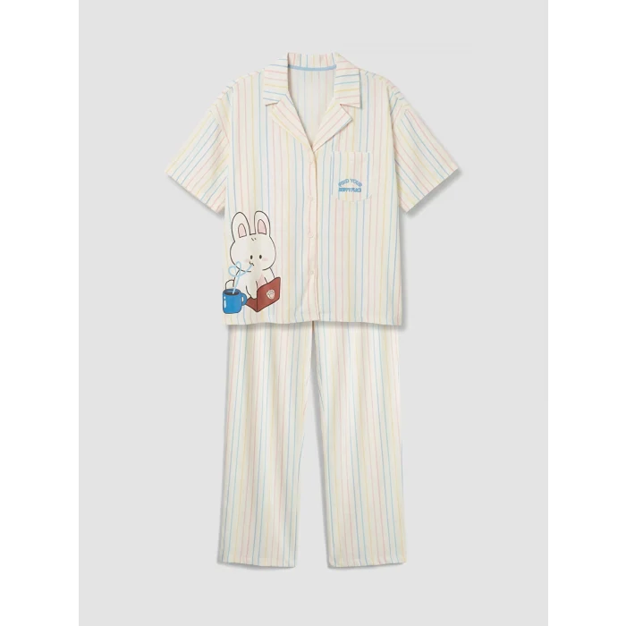 LCW Young Ekru Gömlek Yaka Çizgili Kadın Pijama Takımı