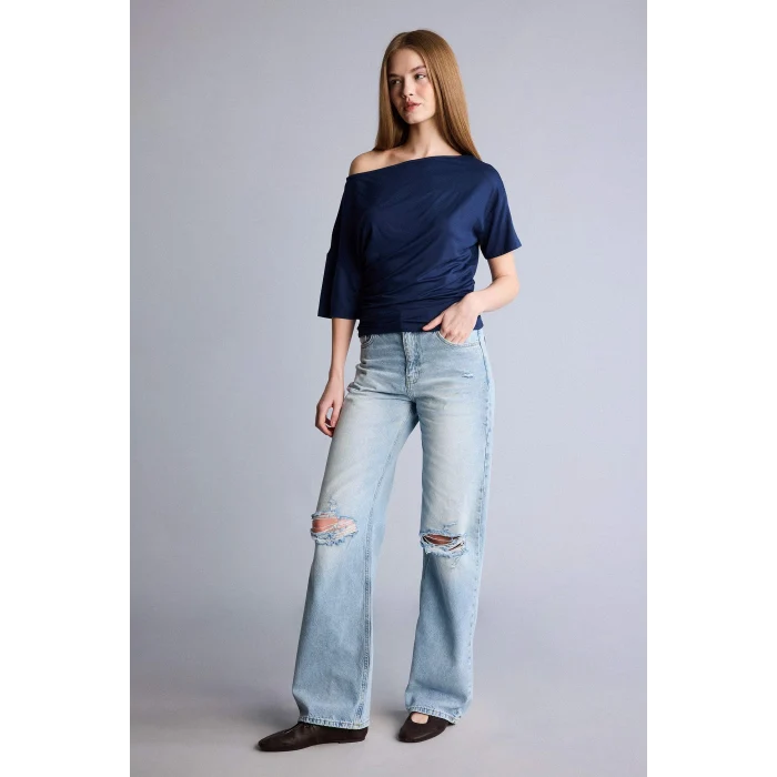 Defacto H7189AXNV241 Lacivert Loose Fıt kısa kollu tişört