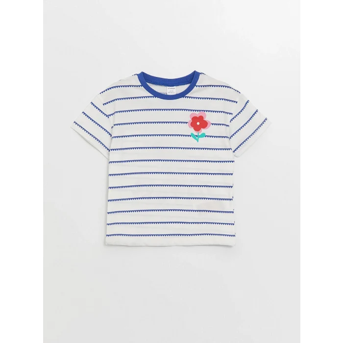 LCW Kids Mavi Bisiklet Yaka Kısa Kollu Çizgili Kız Bebek Tişört