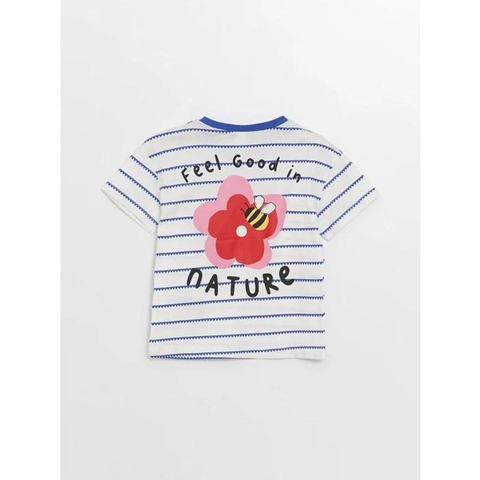 LCW Kids Mavi Bisiklet Yaka Kısa Kollu Çizgili Kız Bebek Tişört
