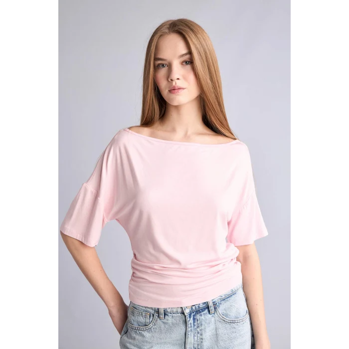 Defacto H7189AXPN74 Pembe Loose Fıt Tek Omuzlu Kısa Kollu Tişört