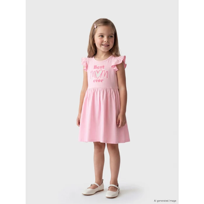 LCW Kids Pembe Bisiklet Yaka Baskılı Fırfırlı Kız Çocuk Penye Elbise