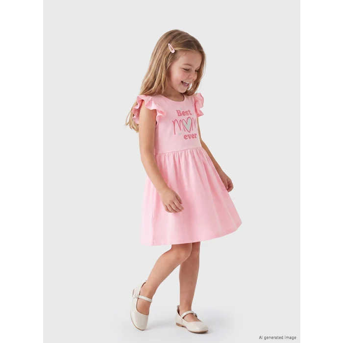 LCW Kids Pembe Bisiklet Yaka Baskılı Fırfırlı Kız Çocuk Penye Elbise