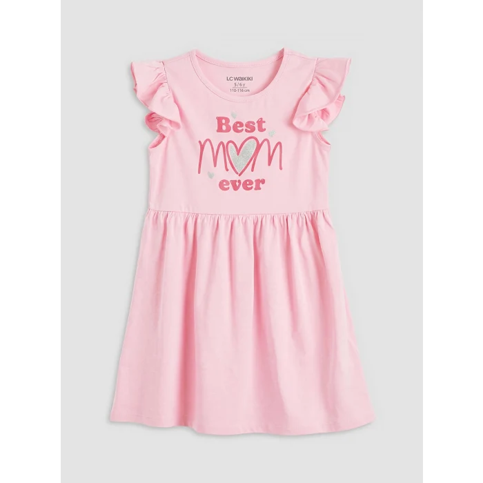 LCW Kids Pembe Bisiklet Yaka Baskılı Fırfırlı Kız Çocuk Penye Elbise