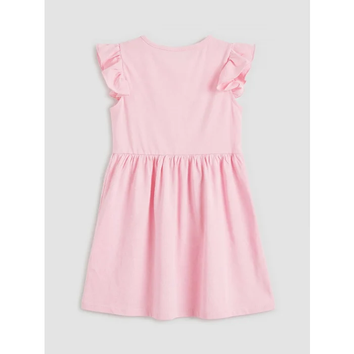 LCW Kids Pembe Bisiklet Yaka Baskılı Fırfırlı Kız Çocuk Penye Elbise