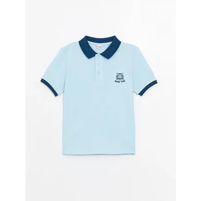 LCW Kids Mavi Polo Yaka Nakışlı Kısa Kollu Erkek Çocuk Tişört