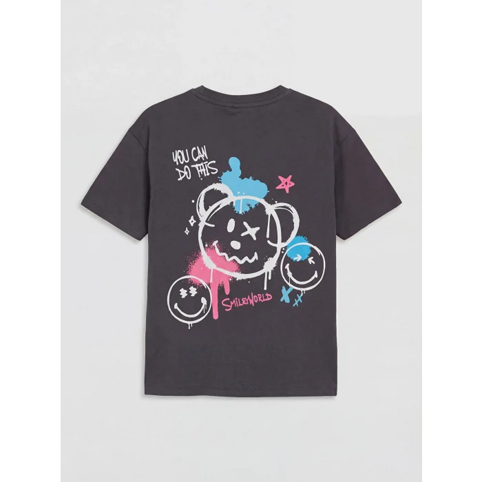 LCW Kids Gri Bisiklet Yaka Smileyworld Baskılı Kız Çocuk Tişört