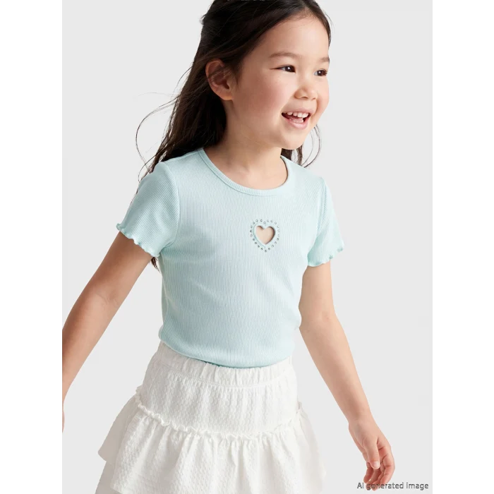 LCW Kids Turkuaz Bisiklet Yaka Nakışlı Kız Çocuk Fitilli Tişört
