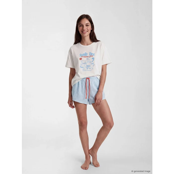 LCW DREAM Mavi Bisiklet Yaka Baskılı Kadın Şortlu Pijama Takımı