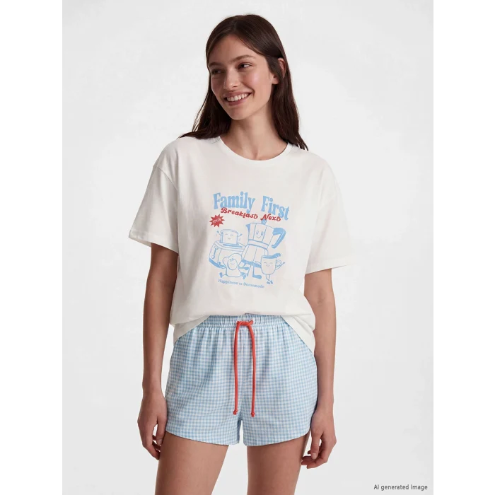 LCW DREAM Mavi Bisiklet Yaka Baskılı Kadın Şortlu Pijama Takımı