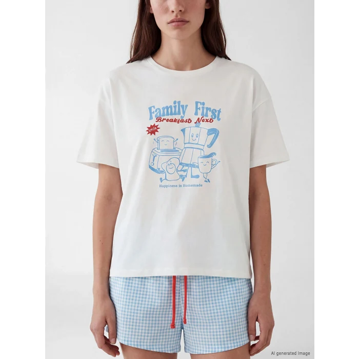 LCW DREAM Mavi Bisiklet Yaka Baskılı Kadın Şortlu Pijama Takımı