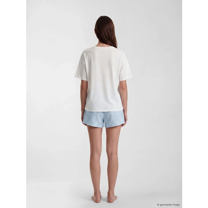 LCW DREAM Mavi Bisiklet Yaka Baskılı Kadın Şortlu Pijama Takımı