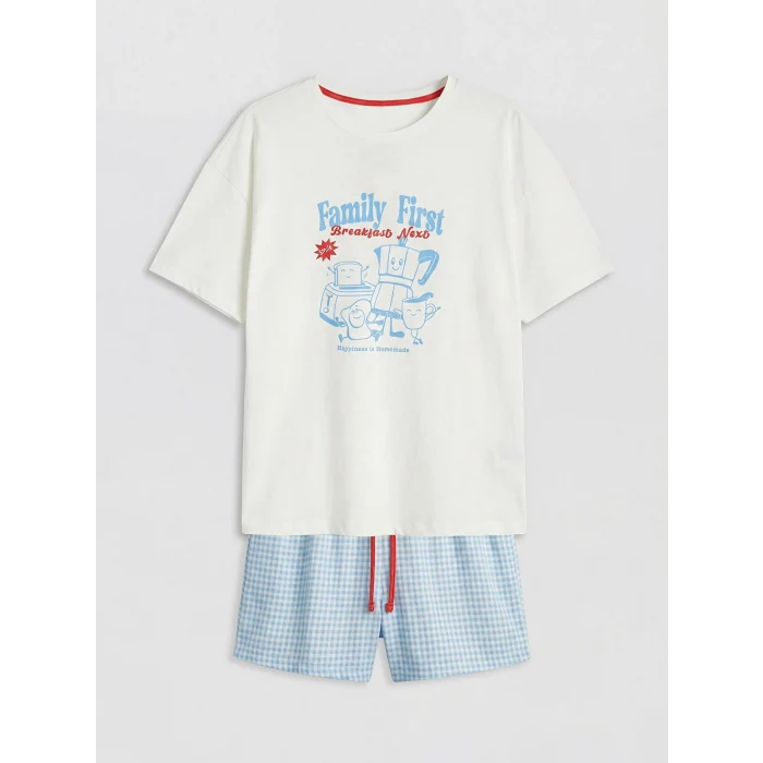 LCW DREAM Mavi Bisiklet Yaka Baskılı Kadın Şortlu Pijama Takımı