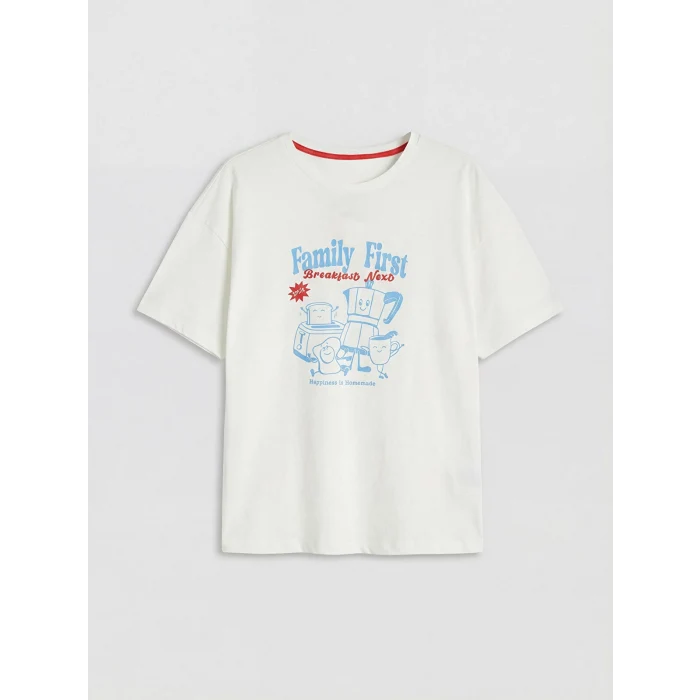 LCW DREAM Mavi Bisiklet Yaka Baskılı Kadın Şortlu Pijama Takımı