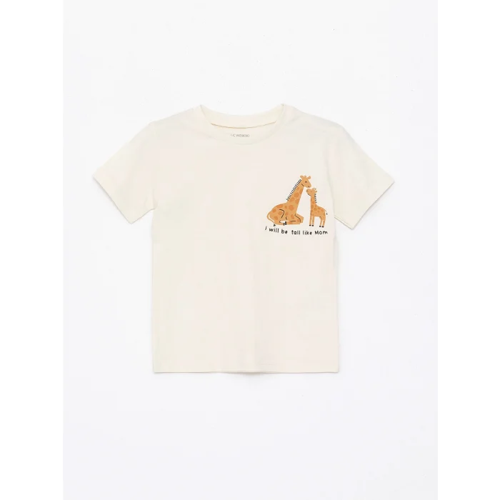 LCW Kids Bej Bisiklet Yaka Kısa Kollu Baskılı Erkek Bebek Tişört