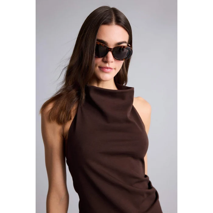 Defacto F8007AXBN267 Kahve Slım Fıt Halter Yaka Bluz
