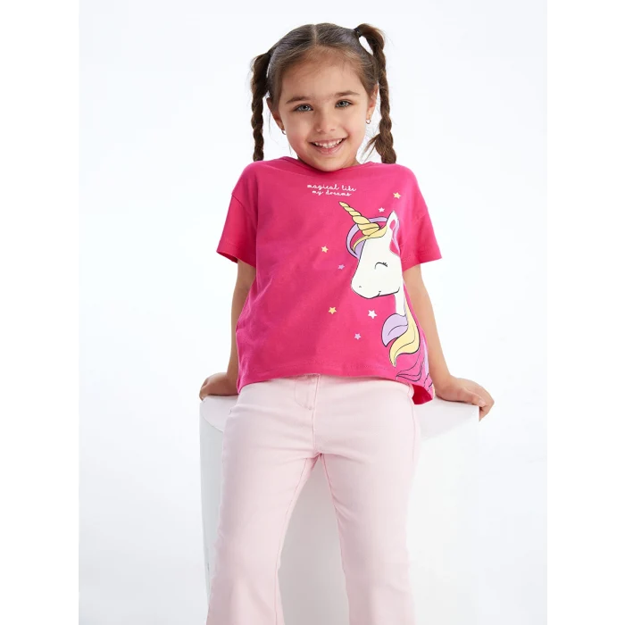 LCW Kids Fuşya Bisiklet Yaka Baskılı Kısa Kollu Kız Bebek Tişört