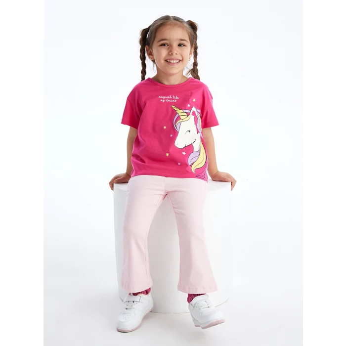 LCW Kids Fuşya Bisiklet Yaka Baskılı Kısa Kollu Kız Bebek Tişört